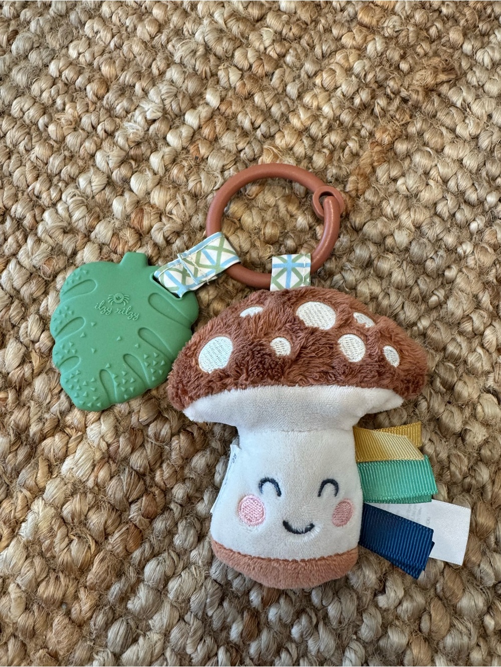 Itzy Ritzy Brown & White Mushroom Teether Toy with Green Leaf